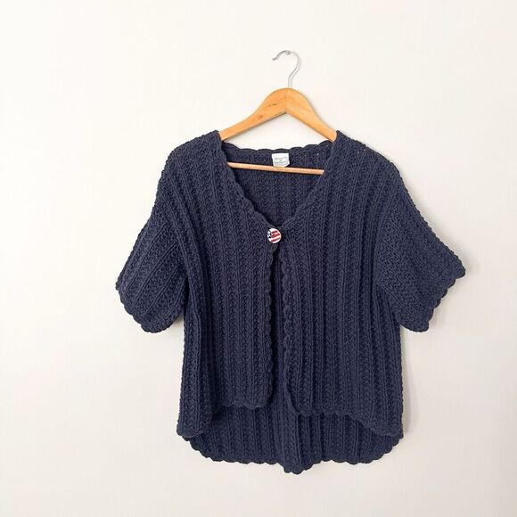 Vintage Cable Knit Fisherman Sweater Womens Medium Navy Cardigan Nautical - Picture 1 of 10